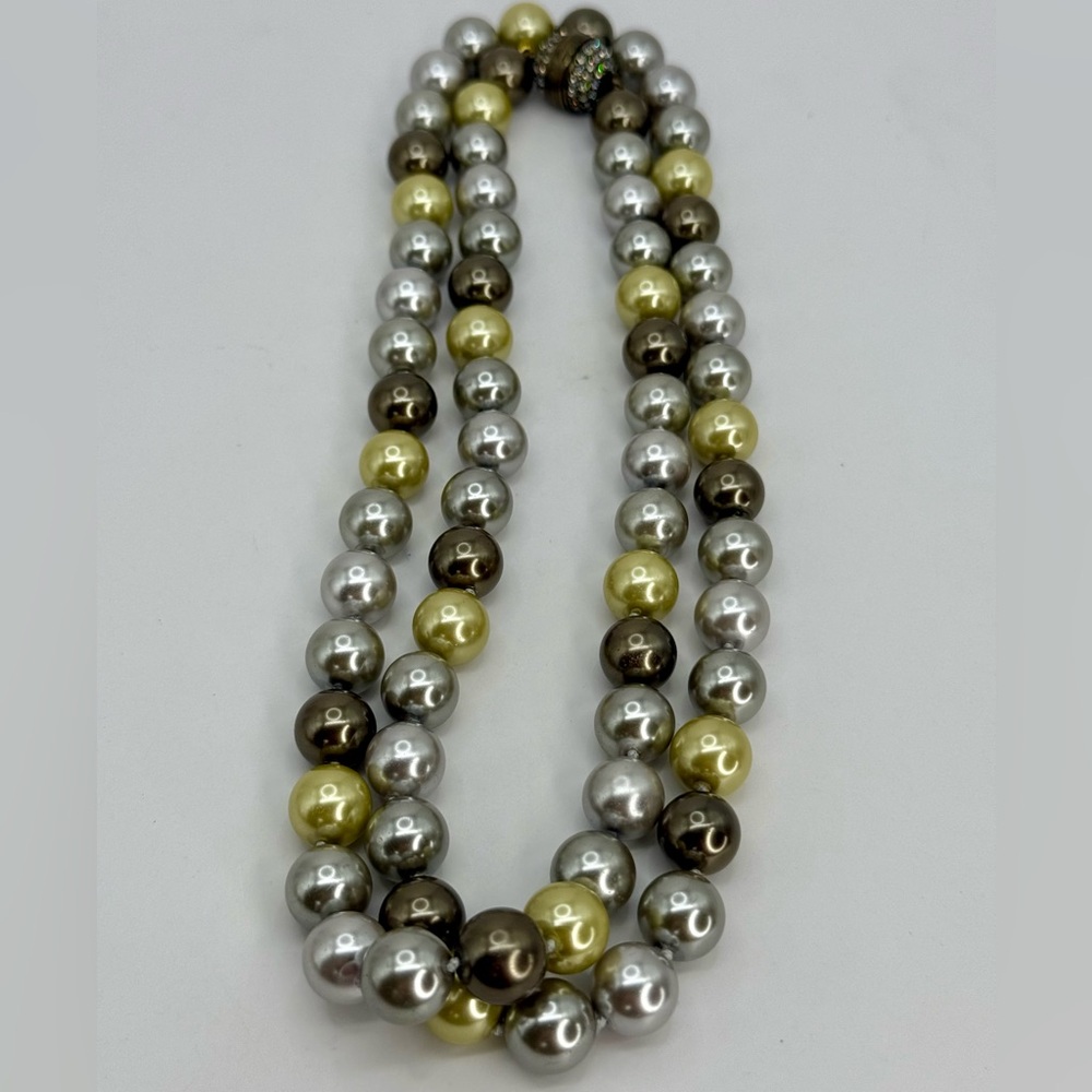 Heidi Daus Faux Pearl Necklace 36” — Multi-Tone Double Strand w Pave Screw Clasp - Picture 14 of 17